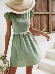 SHEIN VCAY Swiss Dot Tassel Trim Tie Backless Ruffle Trim Dress