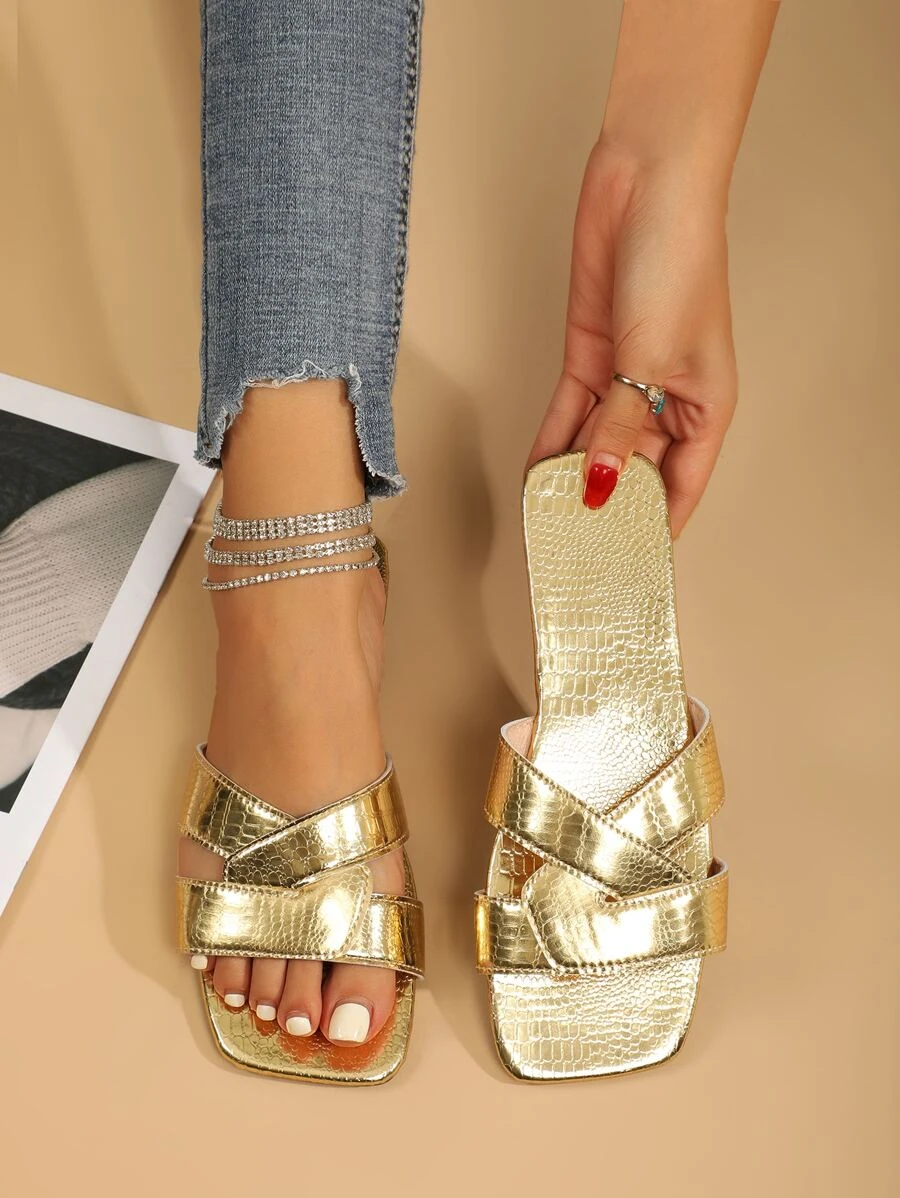 Women Crocodile Embossed Crossover Strap Flat Sandals Glamorous Gold Slide Sandals - Gold - View 1