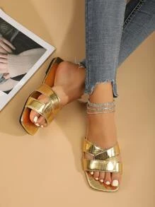 Women Crocodile Embossed Crossover Strap Flat Sandals Glamorous Gold Slide Sandals - Gold - View 2