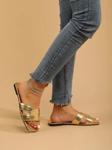 Women Crocodile Embossed Crossover Strap Flat Sandals Glamorous Gold Slide Sandals - Gold - View 3
