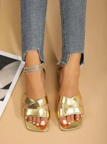 Women Crocodile Embossed Crossover Strap Flat Sandals Glamorous Gold Slide Sandals - Gold - View 5