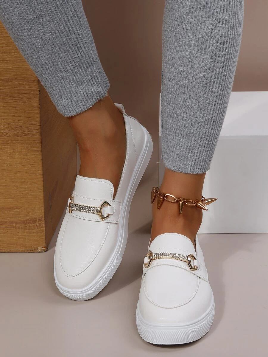 女士水鑽裝飾一腳蹬圓頭運動運動鞋白色