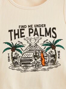 Folluther Letter Graphic Ribbed Tank Top, School - Apricot - View 4