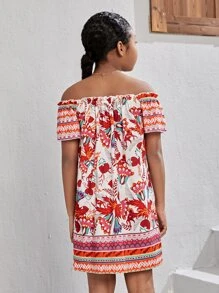 SHEIN Girls Allover Print Off Shoulder Dress - Multicolor - View 3