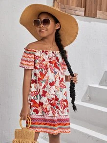 SHEIN Girls Allover Print Off Shoulder Dress - Multicolor - View 1