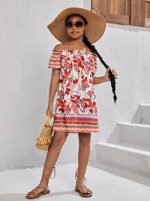 SHEIN Girls Allover Print Off Shoulder Dress - Multicolor - View 4