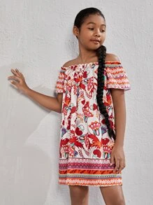 SHEIN Girls Allover Print Off Shoulder Dress - Multicolor - View 5