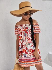 SHEIN Girls Allover Print Off Shoulder Dress - Multicolor - View 6