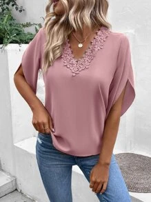 SHEIN VCAY Áo sơ mi nữ Tương phản ren màu trơn Giải trí - Hồng - Xem 6