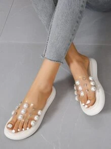 女士人造珍珠和水鑽裝飾透明帶平底時尚戶外涼拖