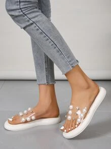 女士人造珍珠和水鑽裝飾透明帶平底時尚戶外涼拖