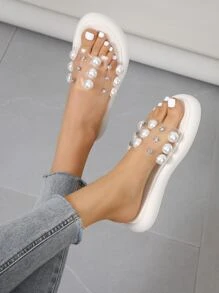 女士人造珍珠和水鑽裝飾透明帶平底時尚戶外涼拖