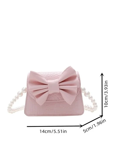 1pc Girls' Fashion Crocodile Texture Bow Decor Solid Color PU Mini Crossbody Bag With Pearl Chain, Suitable For All Seasons Daily Use