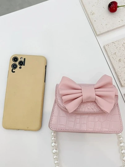 1pc Girls' Fashion Crocodile Texture Bow Decor Solid Color PU Mini Crossbody Bag With Pearl Chain, Suitable For All Seasons Daily Use