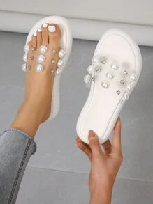 女士人造珍珠和水鑽裝飾透明帶平底時尚戶外涼拖