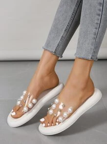 女士人造珍珠和水鑽裝飾透明帶平底時尚戶外涼拖