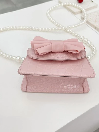 1pc Girls' Fashion Crocodile Texture Bow Decor Solid Color PU Mini Crossbody Bag With Pearl Chain, Suitable For All Seasons Daily Use