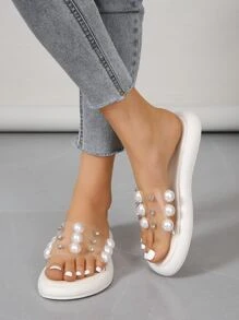 女士人造珍珠和水鑽裝飾透明帶平底時尚戶外涼拖