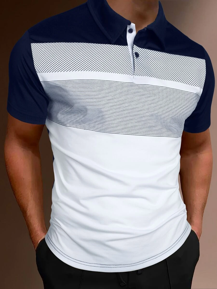 Manfinity Homme Men Striped Print Colourblock Polo Shirt - Blue and White - View 1