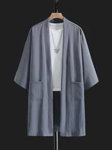 Manfinity Men Vertical Striped Dual Pocket Kimono Without Tee - Grey - View 1