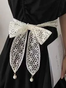 1 件蕾丝刺绣腰绳优雅珍珠装饰可调节腰带，多功能用于缠绕头发、包袋配饰，日常使用夏季、学校秋季、秋季、万圣节 - 白色 - 查看 1