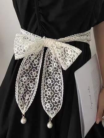 1pc Lace Embroidery Waist Rope Elegant Pearl Decor Adjustable Waist Belt, Versatile For Wrapping Hair, Bag Accessories, Daily Use Summer, School Fall, Autumn, Halloween