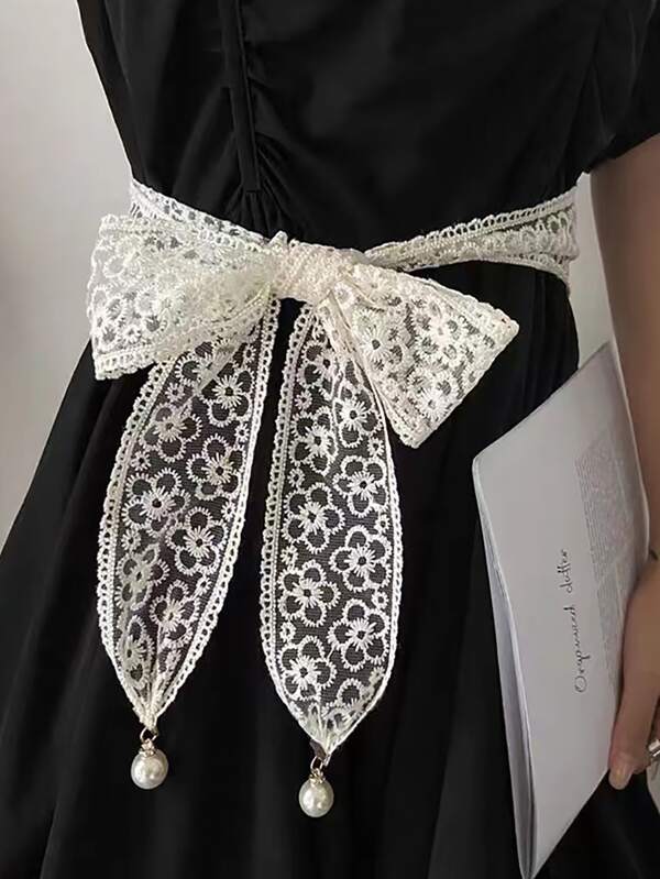 1pc Lace Embroidery Waist Rope Elegant Pearl Decor Adjustable Waist Belt, Versatile For Wrapping Hair, Bag Accessories, Daily Use Summer, School Fall, Autumn, Halloween