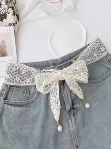 1 件蕾丝刺绣腰绳优雅珍珠装饰可调节腰带，多功能用于缠绕头发、包袋配饰，日常使用夏季、学校秋季、秋季、万圣节 - 白色 - 查看 2