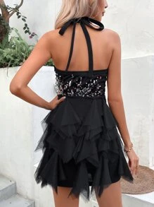 Zolique 亮片拼接露背荷葉邊繞頸緊身連衣裙 - 黑色 - 查看 3