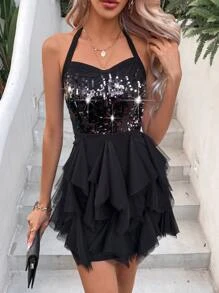 Zolique 亮片拼接露背荷葉邊繞頸緊身連衣裙 - 黑色 - 查看 1