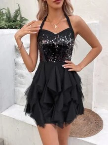 Zolique 亮片拼接露背荷葉邊繞頸緊身連衣裙 - 黑色 - 查看 5