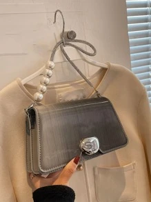 人造珍珠裝飾翻蓋方包 - 淺灰色 - 查看 1