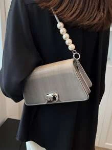 人造珍珠裝飾翻蓋方包 - 淺灰色 - 查看 2