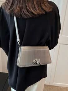 人造珍珠裝飾翻蓋方包 - 淺灰色 - 查看 4