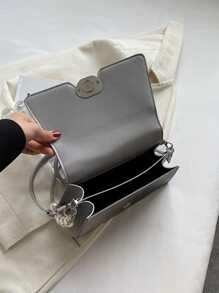 人造珍珠裝飾翻蓋方包 - 淺灰色 - 查看 5