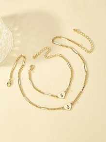 1條時尚的心形和字母吊墜項鍊,1組手鐲 - 金黃色 - 查看 3