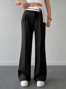 EURMUSE Stepped Waist Button Front Suit Trousers - Black - View 1