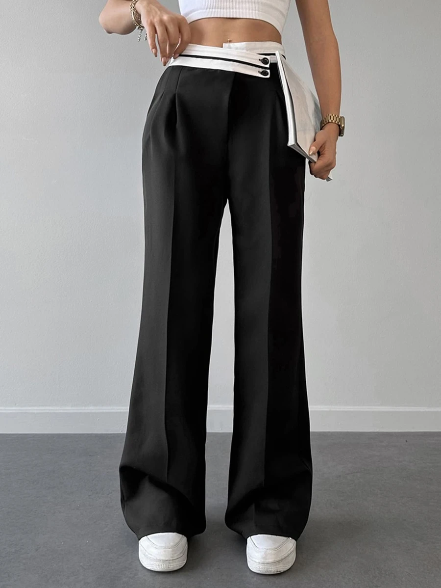 EURMUSE Stepped Waist Button Front Suit Trousers - Black - View 1