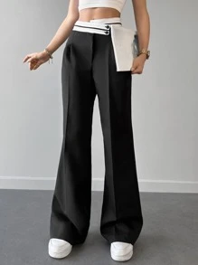 EURMUSE Stepped Waist Button Front Suit Trousers - Black - View 3
