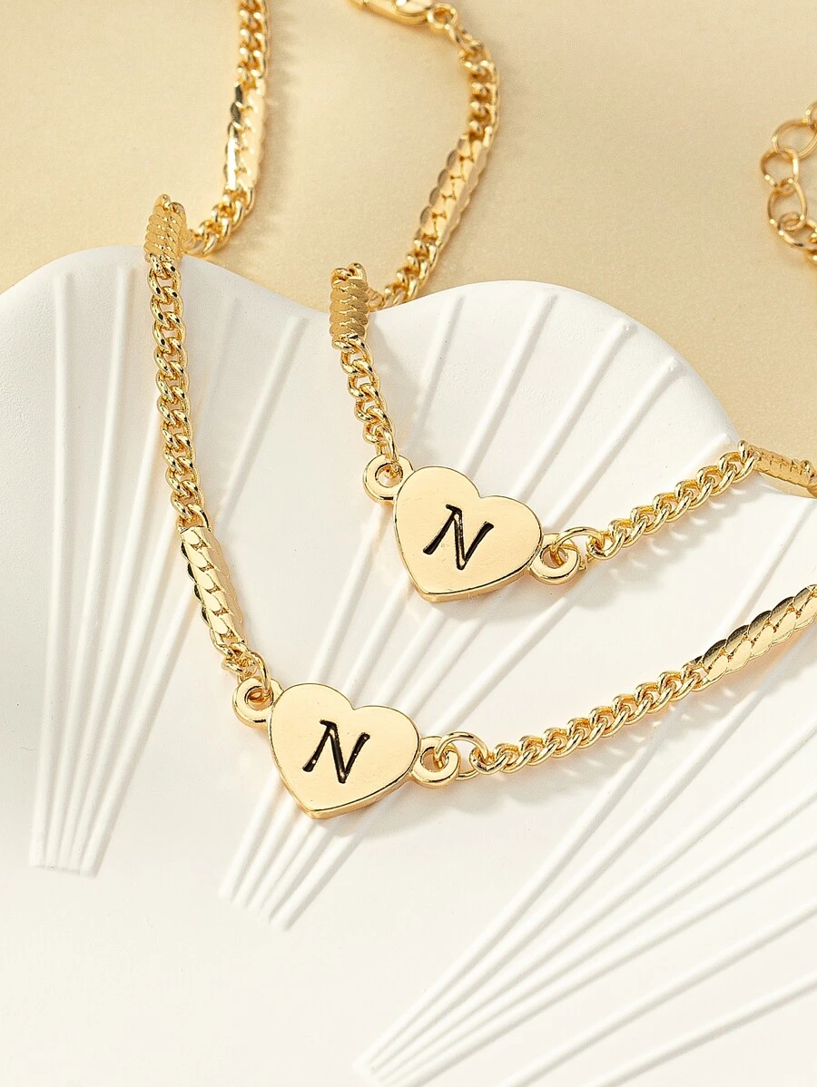 1 Miếng Đúng mốt Tim & Hình chữ cái Vòng cổ mặt dây chuyền Và 1 Miếng Bộ vòng đeo tay - Vàng - Xem 1