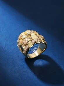 1 pieza de anillo ancho de cara cuadrada bañado en oro con material de cobre para mujeres con múltiples opciones de color y ornamento de circonia cúbica