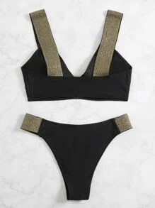 Bộ bikini lấp lánh Bộ băng không dây 2 mảnh trên & dưới cắt cao Bikini đi biển mùa hè - màu đen - Xem 4