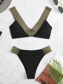 Bộ bikini lấp lánh Bộ băng không dây 2 mảnh trên & dưới cắt cao Bikini đi biển mùa hè - màu đen - Xem 5