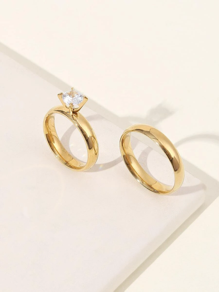 2pcs/set Couple Rhinestone Decor Ring - Yellow Gold - View 1