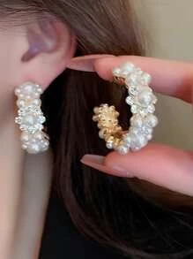 鑲嵌水晶和人造珍珠裝飾的手環耳環 - 金黃色 - 查看 1