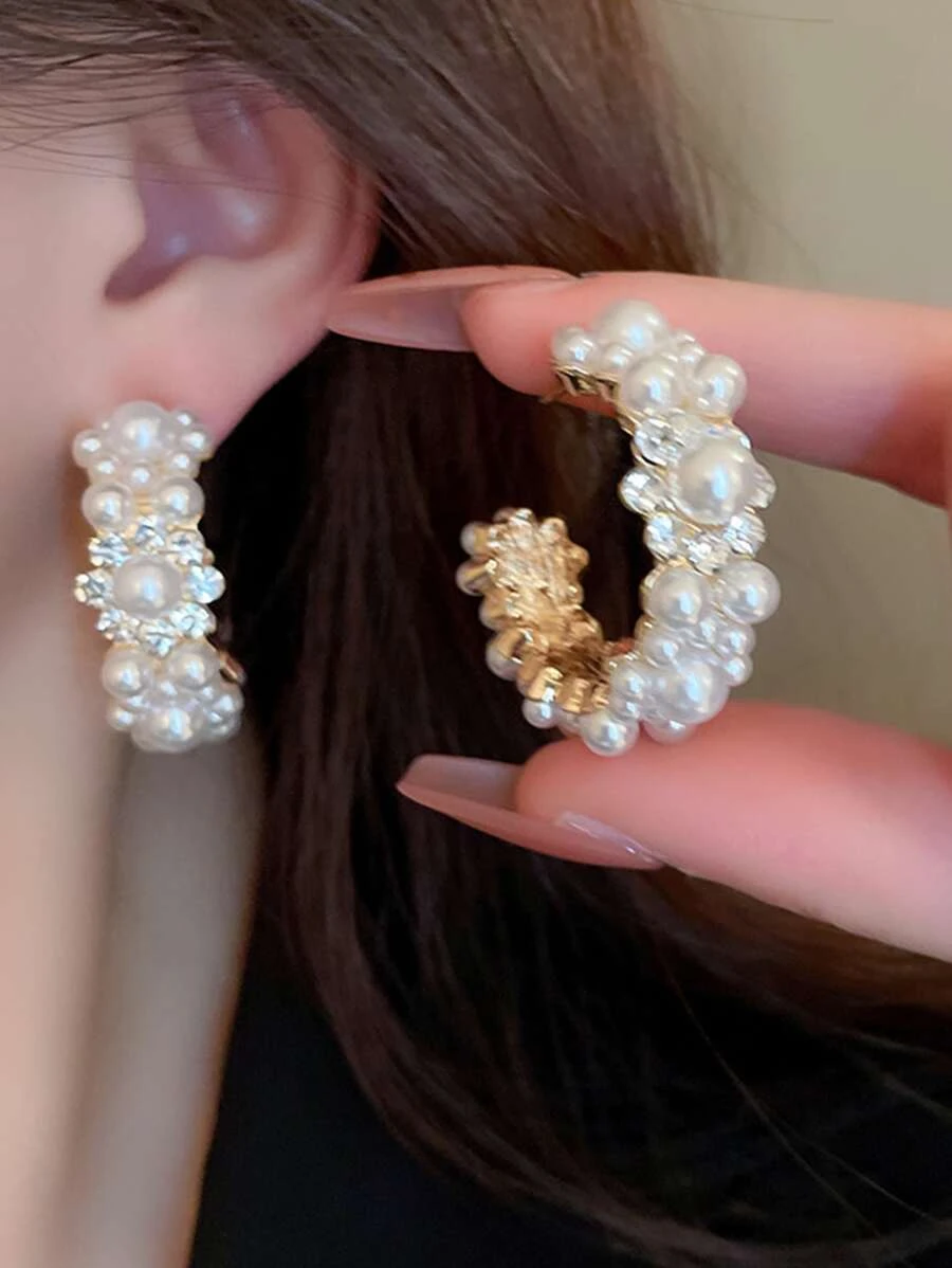 鑲嵌水晶和人造珍珠裝飾的手環耳環 - 金黃色 - 查看 1