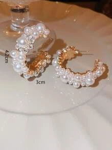 鑲嵌水晶和人造珍珠裝飾的手環耳環 - 金黃色 - 查看 3