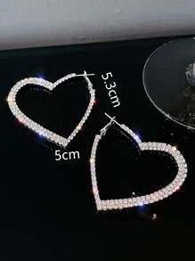 水鑽心形圓耳環 - 銀色 - 查看 3