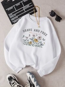 SHEIN EZwear 花和標語圖案加絨內裏運動衫 - 白色 - 查看 1