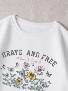 SHEIN EZwear 花和標語圖案加絨內裏運動衫 - 白色 - 查看 5